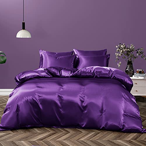 P Pothuiny 5 Pieces Satin Duvet Cover Full/Queen Size Set, Luxury Silky Like Purple Duvet Cover Bedding Set with Zipper Closure, 1 Duvet Cover + 4 Pillow Cases (No Comforter) P Pothuiny