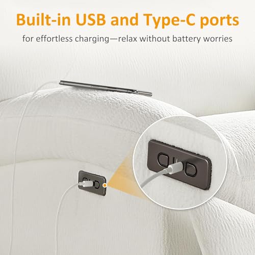 VANOMi Power Recliner Chair with USB & Type-C Charging, 270° Swivel Glider Rocker, Electric Nursery Recliner for Living Room, Bedroom, and Office, White