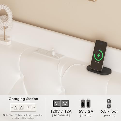 Queen Size Halitaa Floating Bed Frame with LED Lights & Upholstered Button Tufted Headboard - No Box Spring Needed, White Halitaa