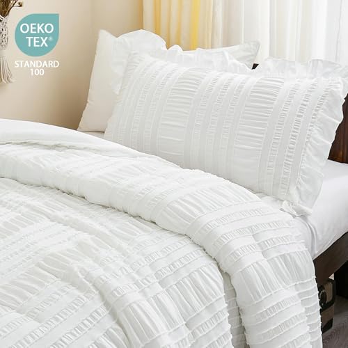 WONGS BEDDING White Comforter Set Twin, 3 Pieces Ruffle Shabby Chic Comforter for Dorm Room Essentials for Twin Bed, Soft Seersucker Bedding Set with 1 Ruffle Comforter, 2 Tufted Pillowcases 86"×68" WONGS BEDDING