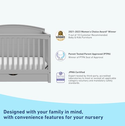 Graco Bellwood 5-in-1 Convertible Crib with Drawer (Pebble Gray) - GREENGUARD Gold Certified, Full-Size Storage Drawer, Converts to Toddler Bed and Full-Size Bed STORK CRAFT