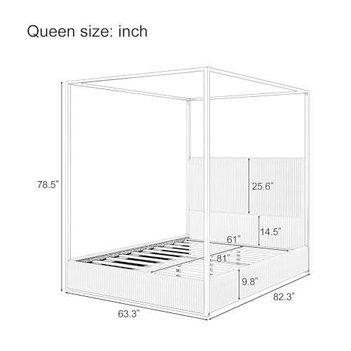 LUMISOL Queen Size Upholstered Canopy Bed, Metal 4 Poster Platform Bed with Tall Corduroy Headboard, Black Canopy Bed Frame with Headboard, No Box Spring Needed, White