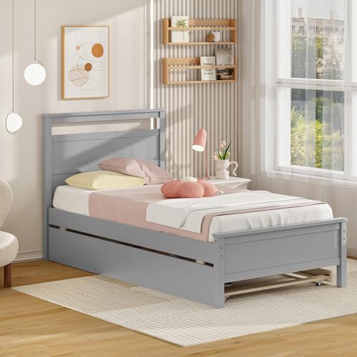 Giantex Wood Twin Bed with 2 Storage Drawers, Solid Wood Platform Bed with Headboard, Single Bed Wooden Slats Support, No Spring Needed, Twin Bed Frame for Kids, Teens, Adults (Grey) Giantex
