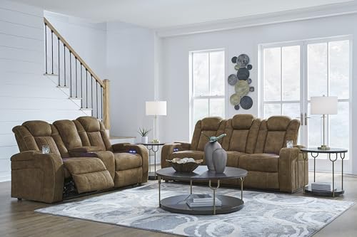 Signature Design by Ashley Wolfridge Contemporary Faux Leather Power Reclining Loveseat with Console, Cup Holders and USB Ports, Light Brown Signature Design by Ashley