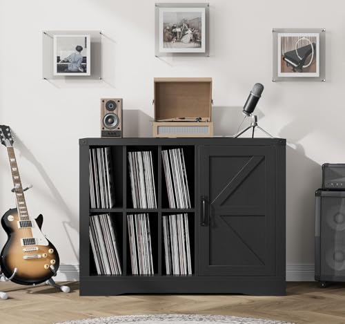 Takywep Record Player Stand with Door, Farmhouse Turntable Cabinet with Storage, Vinyl Record Storage Cabinet with Shelves for Up to 750 Albums, Multi-Purpose Wooden Media Console Table Takywep
