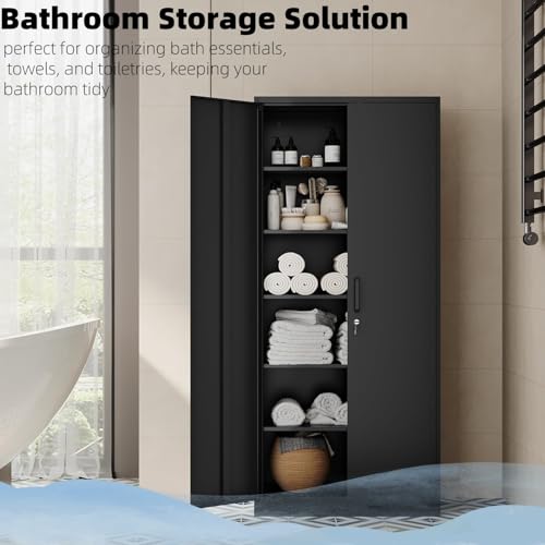 GUIZEEOPO Garage Storage Cabinet with Doors and Shelves, Metal Storage Cabinet with 5 Adjustable Shelves, Kitchen Pantry Cabinet, File Cabinets for Home Office, Filing Cabinet, 71'H, Matte Black GUIZEEOPO