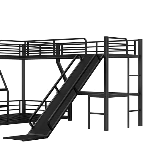KLMM Twin Over Full L-Shaped Metal Triple Bunk Bed with Twin Size Loft Bed,Slide and USB Ports,for Kids Teens Adults Bedroom Use (Black/Slide, Twin Over Full) KLMM