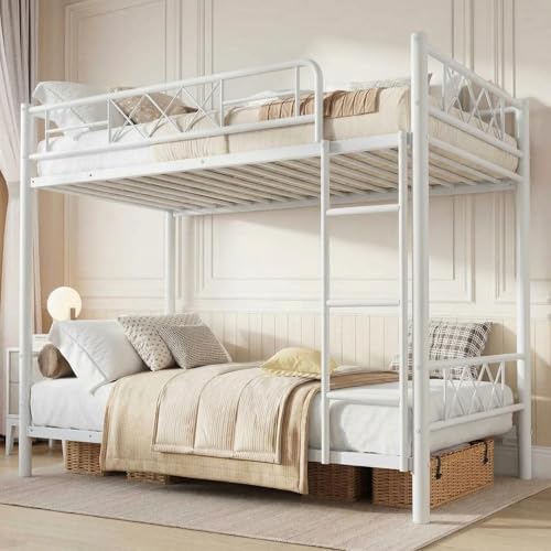 Garvee Twin Over Twin Bunk Bed with Stairs, Heavy Duty Metal Construction & High Guardrail, Sturdy Steel Slats Support, No Box Spring, Space Efficient, White Garvee
