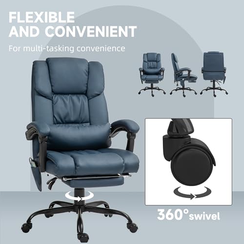 Vinsetto High Back Massage Office Chair with 6 Vibration Points, PU Leather Reclining Computer Chair, Ergonomic Desk Chair with Footrest Adjustable Height and Remote, Blue Vinsetto