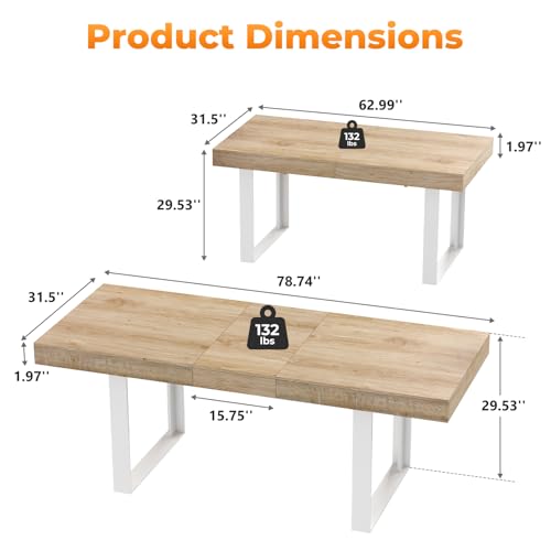 Zevemomo 63"-78.7" Expandable Dining Table, 6-10 Farmhouse Kitchen Table, Extendable Dining Table, Rectangular Kitchen Table with Metal Track, Tapered U-Shaped Legs for Dining Room, Office-Oak Zevemomo