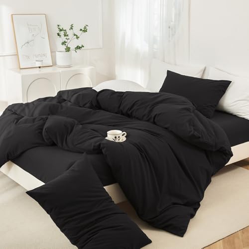 JIYUAN 100% Washed Cotton Duvet Cover Set 3 Pieces King, 1 Duvet Cover 104x90 Inches(Comforter Not Included) and 2 Pillowcases,Linen Feel Bedding Set Comfy and Breathable,Black JIYUAN