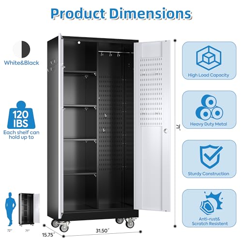 GLADIW Garage Storage Cabinet with Wheels, Broom Closet Storage Cabinet with Pegboards and Adjustable Shelves, Metal Tool Cabinet with Lockable Door for Garage Home, Black and White GLADIW