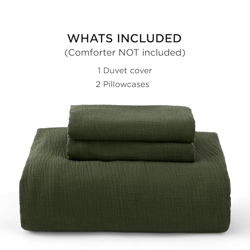 Bedsure 100% Muslin Cotton Duvet Cover King Size - Ultra-Soft, Breathable & Lightweight - Linen Like Gauze Comforter Cover Set with Button Closure and Corner Ties (Olive Green, King, 104"x90") Bedsure