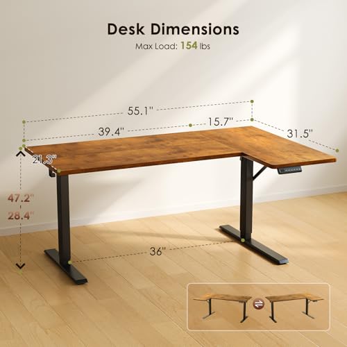 OffiGo Electric L Shaped Standing Desk, 55 Inches Height Adjustable Table, Reversiable Corner Stand Up Desk, Lifting Computer Table for Home Office, Computer Workstation, Rustic Brown OffiGo