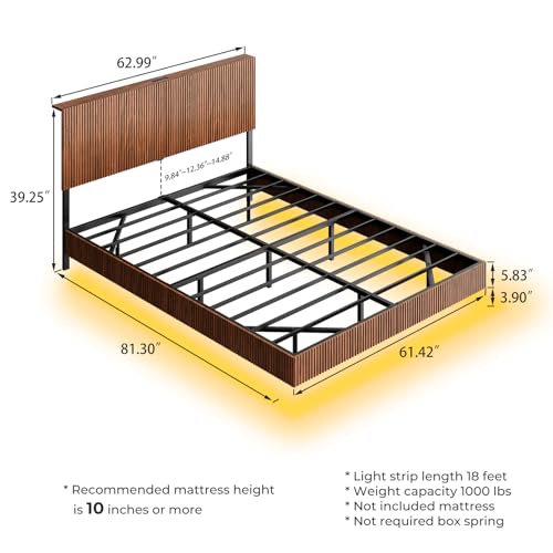 Evermagin Walnut Queen Floating Bed Frame with Headboard, Mid Century Modern Fluted Platform Bed with LED Lights, Heavy Duty Floating Bedframe with Charging Station, No Box Spring Needed Evermagin