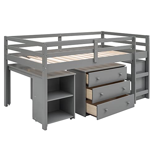 Harper & Bright Designs Kids Low Loft Bed with Rolling Desk and Storage Cabinet, Twin Size Wood Loft Bed Frame with Bookshelf (Grey, Twin) Harper & Bright Designs