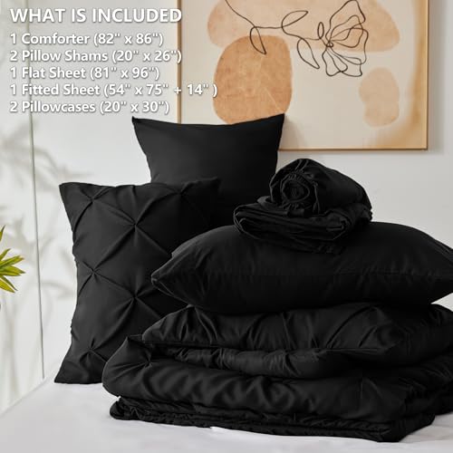 CozyLux Full Size Comforter Sets Black, 7 Pieces Pintuck Bed in A Bag Black Comforter Full Size, Pinch Pleat Bedding Sets with All Season Comforter, Sheets, Pillowcases & Shams CozyLux