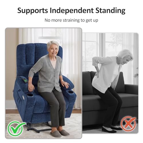 MCombo Power Lift Recliner Chair for Elderly, Lift Chair with Heat and Massage, USB &Type C Ports, Cup Holders, Fabric 7095 (Medium, Navy Blue)