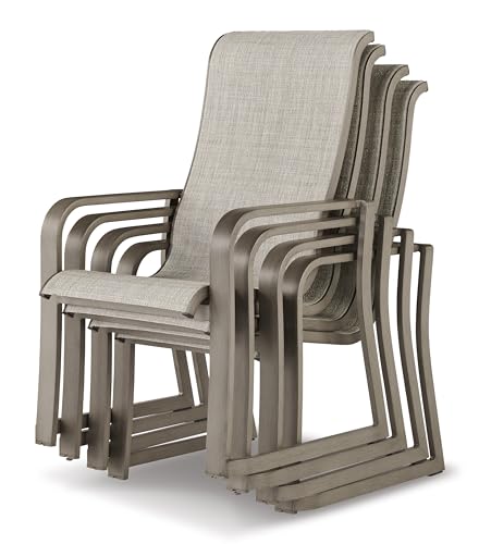 Signature Design by Ashley Beach Front Casual Outdoor Stackable Faux Leather Sling Arm Chair, Set of 4, Light Brown Signature Design by Ashley