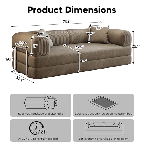 ZEIINPA 79" Convertible Sleeper Sofa Bed, Modern Corduroy Floor Couch Bed with Silver Fixed-Shape Frame, Modular Sofa Couch with Pull Out Bed, Loveseat Sleeper Boneless Couches for Living Room, Camel ZEIINPA