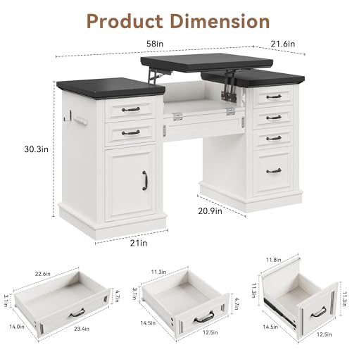 Jocoevol Farmhouse 57" Lift Up Executive Desk with 5 Drawers and Charging Station, Wood Home Office Computer Desk with File Cabinet Storage, Keyboard Tray,Headphone Hook for Work,Study (White+Black) Jocoevol