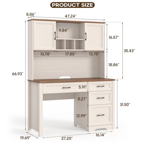 Vabches Farmhouse Executive Desk with 4 Drawers and Storage Cabinet, Rustic Large Home Writing Desk with Hutch, Workstation for Bedroom, White Vabches