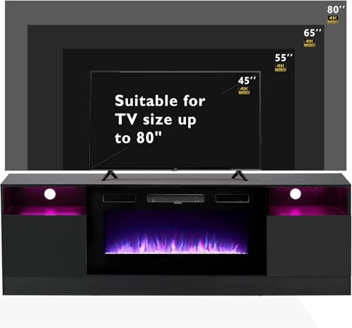 Breezestival Fireplace TV Stand with Two Hinged Doors for TVs UP to 80", Modern Electric Fireplace Entertainment Center with LED Lights & Storage Cabinets, TV Stand for Living Room 70" Black 21007BK Breezestival