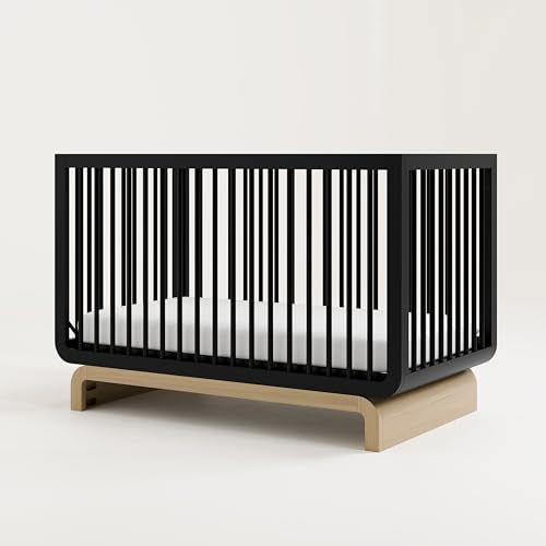 Storkcraft Santorini Deluxe 5-in-1 Convertible Crib with Bonus Toddler Guardrail (Black with Driftwood) – GREENGUARD Gold Certified, Toddler Guardrail Included in Box, Fits Standard Crib Mattress Storkcraft