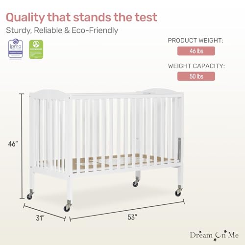 Dream On Me Folding Full-Size Convenience Baby Crib in White, GreenGuard Gold & BSA, Portable, Patented Quick Folding System, Strong Wheels, 2 Adjustable Mattress Heights