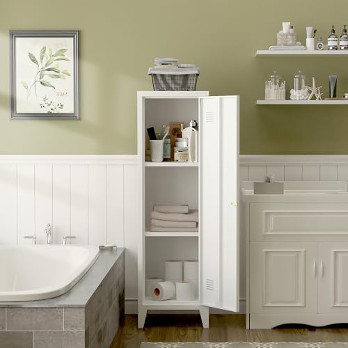 Epochsteele Metal Locker Storage Cabinet Locking Storage Cabinet with Door and Removable Shelves Narrow Storage Cabinet for Kitchen Pantry Bathroom (White) Epochsteele