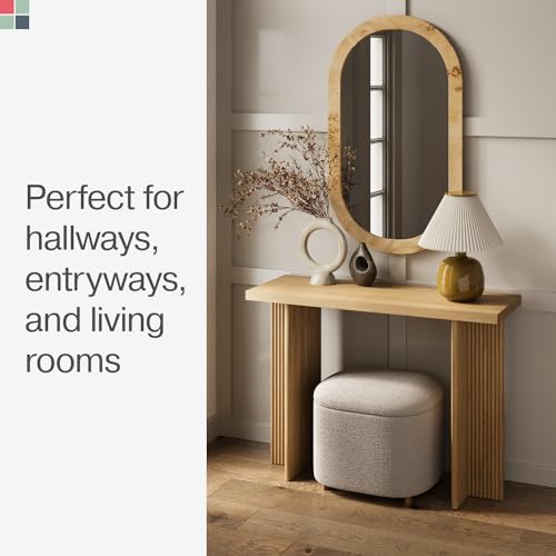 Stead Modern Console Table - Natural Oak, Fluted Solid Wood - Slim Entryway Table with Drawers & Curved Cross Base Stead