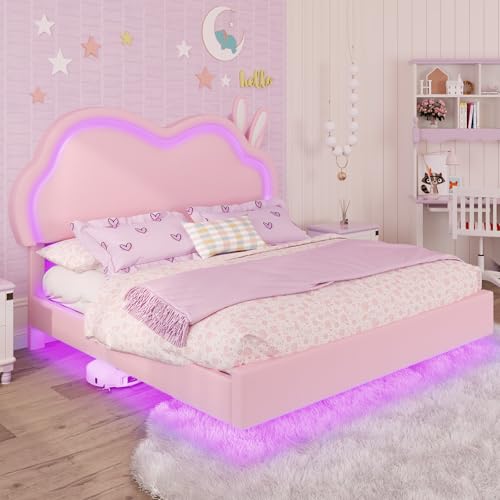 AMERLIFE Floating Queen Bed Frame with Adjustable RGB LED Headboard, Leather Upholstered Platform Bed for Kids/Girls,Wood Slats Support, No Box Spring Needed, Easy Assembly, Pink AMERLIFE