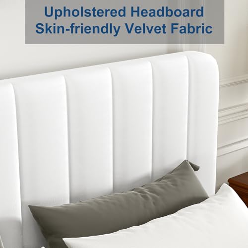 VECELO Full Size Upholstered Bed Frame with 4 Drawers and Headboard, Velvet Platform Storage Bedframe, Wooden Slats Support, No Box Spring Needed,White VECELO