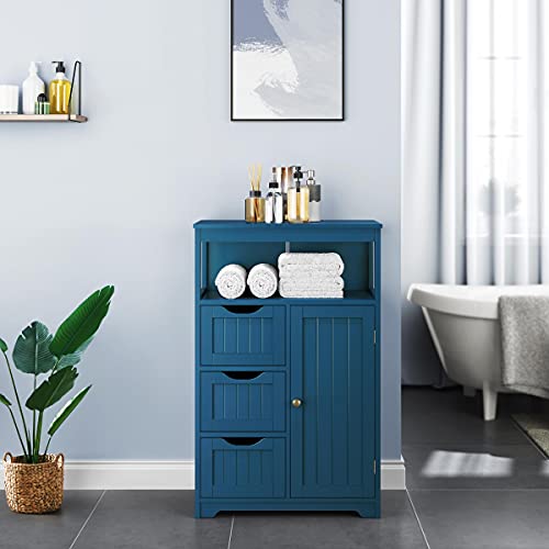 Yaheetech Bathroom Floor Cabinet, Free Standing Wooden Storage Organizer Multiple Tiers Storage Living Room Cabinet, Navy Blue Yaheetech