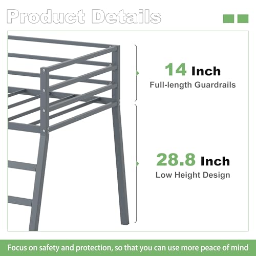 Lutown-Teen Low Metal Twin XL Loft Bed with Ladder and Guardrail for Kids or Teens, Space Saving XL Twin Loft Bed for Small Bedroom, Grey Lutown-Teen