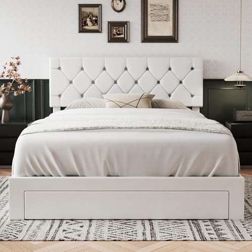 VECELO Queen Size Bed Frame with 3 Storage Drawers, Leather Upholstered with Diamond Tufted Headboard, Solid Wood Slat Support & Steel Framework, PU & White VECELO