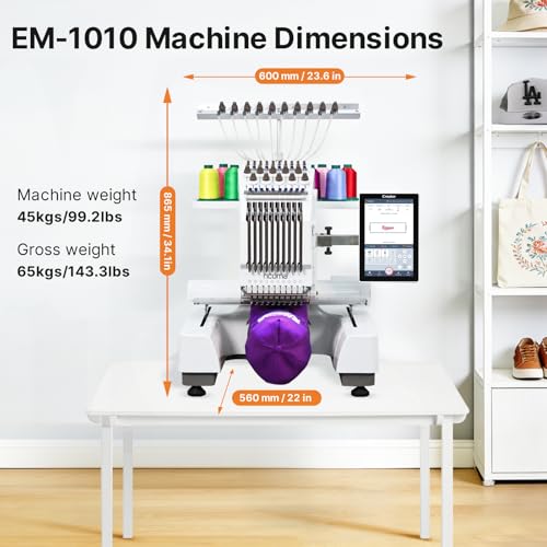 Ricoma EM-1010 Commercial Embroidery Machine for Small Business, 10-Needle, 10.1" Touchscreen, Automatic thread trimmer, 3D Cap/Flat/T-Shirt/Fabric Embroidery, Not Including Steel Stand