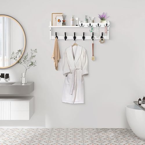 Coat Rack Wall Mount with Shelf, 27.5" Entryway Wall Hanging Shelf, Coat and Key Hanger with 10 Dual Hooks, Mail Organizer and Key Holder Hat Rack for Wall, Wood Coat Hooks with Storage GODDGITT