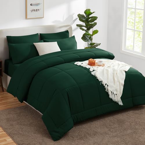CozyLux Queen Comforter Set Emerald Green, 7 Pieces Bed in a Bag, Green Comforters Queen Size, All Season Bedding Sets with Stitch Quilted Comforter, Flat Sheet, Fitted Sheet, Pillowcases CozyLux