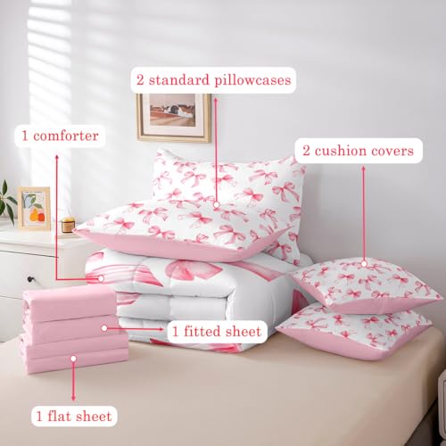 Feelyou Pink Bow Bed Set for Kids Boys Girls Queen Size Cute Dreamy Princess Style 7 Pieces Beeding Set Ultra Soft Bow Pattern Bed in a Bag with Comforter, Sheets, Pillowcases Bowknot Room Decor Feelyou