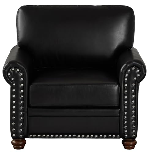 Lunanniu 35" Faux Leather Pu Armchair Classic Vegan Leather Accent Chair Elegance Single Seat with Rolled Armrests Nailhead Trim Wood Legs Traditional Living Room 1 Seat-Black Lunanniu