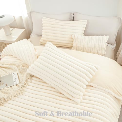 ANGIYUIN 3 Pieces Cream Fluffy Girls Duvet Cover Set Twin Beige Faux Fur Stripe Comforter Cover Luxury Fuzzy Bedding Cover Set for Kids Teens 1 Duvet Cover with 2 Pillowcases(Cream Twin) ANGIYUIN