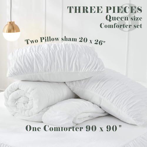 Bonlino Queen Comforter Set White Bedding - Ruched Comforter Queen Size Bed Set Boho Shabby Chic Bedding for Bedroom Comforter Fluffy 3 Piece Ruffle Comforter Set with Pillow White Soft Bonlino