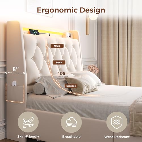Twin LED Velvet Bed Frame with 2 Storage Drawers&Hidden Headboard, Upholstered Platform Bed with Charging Station&Button Tufted Design, Wooden Slats Support, Box Spring Optional, Easy Assembly, Beige Jocoevol
