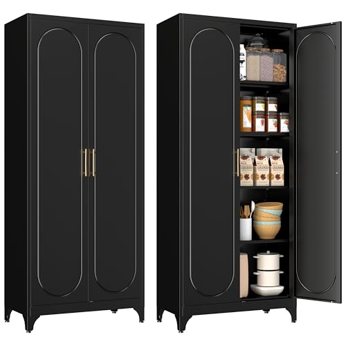 Polup Pantry Cabinet, 75 Inch Tall Kitchen Storage Cabinet, Metal Pantry Cabinets with Doors and Adjustable Shelves, Black Freestanding Food Cupboard for Living, Dinning Room-Assembly Required Polup