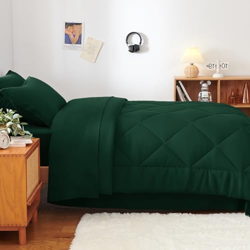 CozyLux Twin XL Comforter Set Emerald Green - 5 Pieces Twin Extra Long Bed in a Bag for College Dorm, All Season Bedding Set for Girls and Boys, Soft Bed Set with Comforter, Sheets, Pillowcase & Sham CozyLux