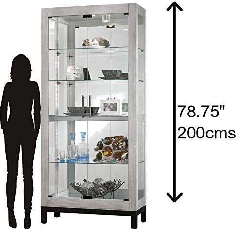 Howard Miller Quinn II Curio Cabinet 680-599 – Burnished Silver Finish Home Decor, Four Glass Shelves, Five Level Display Case, No-Reach Roller Halogen Light Howard Miller