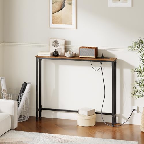 HOOBRO 39.4 Inch Narrow Console Table with Power Outlets, 5.9 Inch Sofa Table with Storage, Skinny Behind Couch Table, for Entryway Hallway, Small Spaces, Rustic Brown and Black BF52UXG01G1 HOOBRO