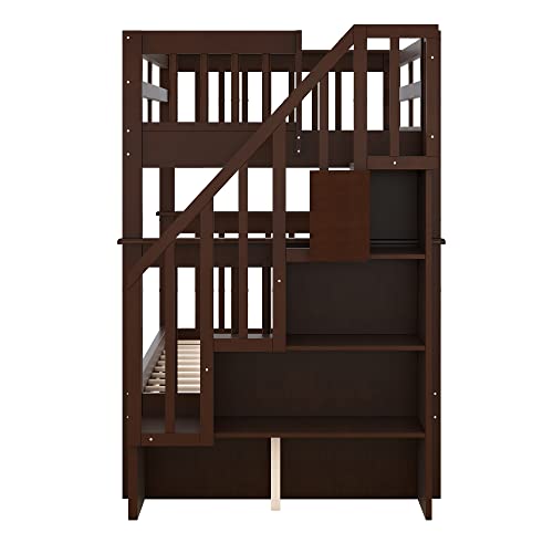 Ball & Cast Twin-Over-Twin Bunk Bed with Storage Ladder and Full-Length Guard Rail,Wood Bunkbed w/Slat Support,Space Saving,Bedframe Furniture for Student Dorms,Studio,Espresso Ball & Cast