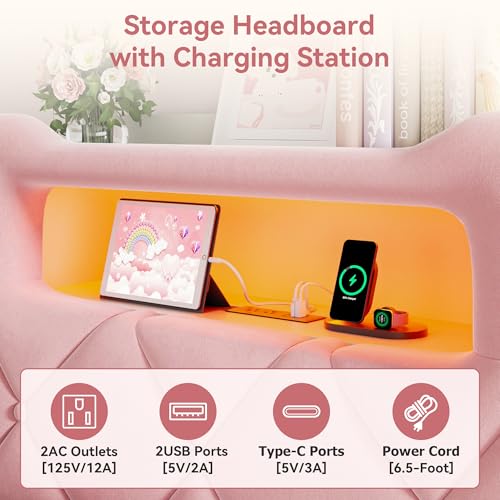 Twin Upholstered LED Bed Frame with 2 Storage Drawers and 2-Tier Storage Bookcase Headboard, Velvet Princess Platform Bed for Kids/Girls/Boys, Heavy Duty Metal Support, No Box Spring Needed, Pink Jocoevol